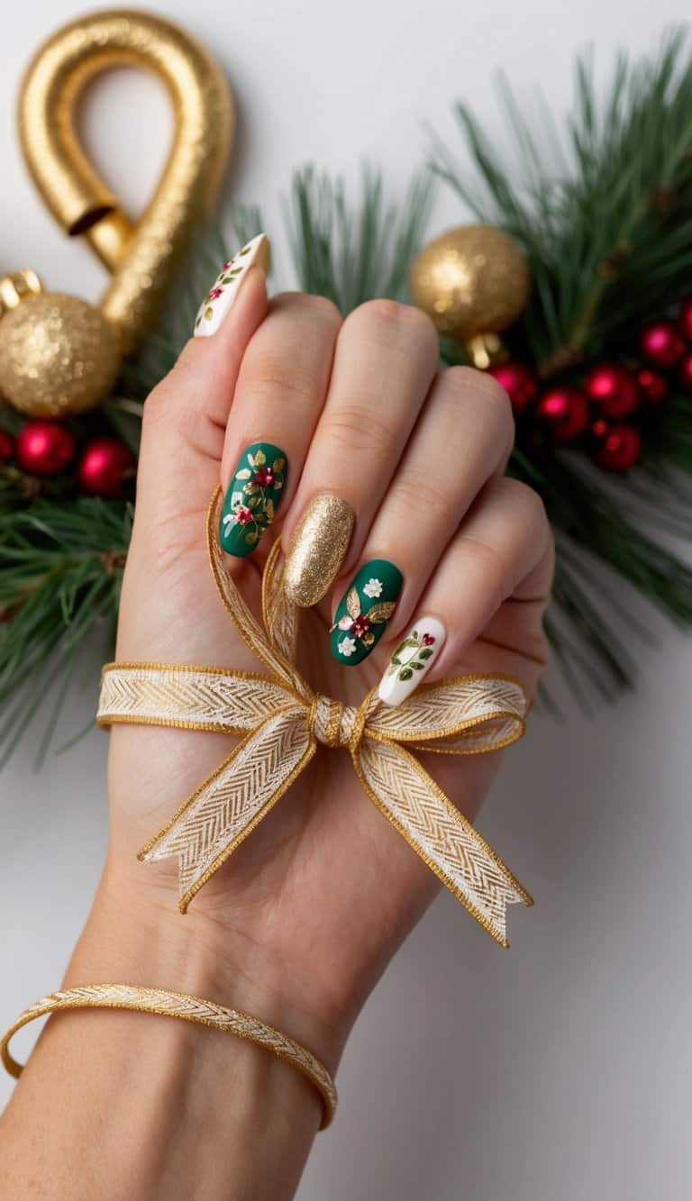 A stylish December nail art design with matte green and white nails, detailed with holly leaves, golden floral accents, and a glittering gold nail for a festive holiday look.