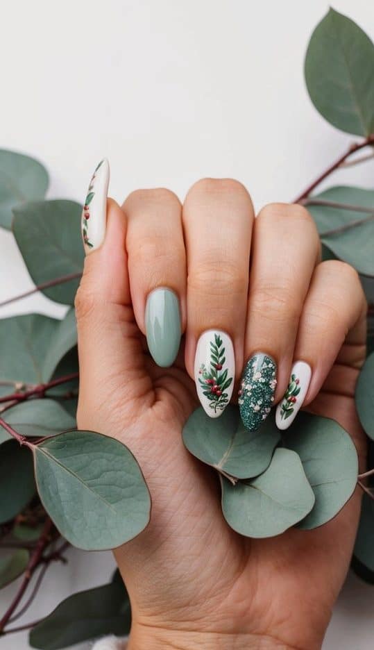 A chic winter nail design featuring soft green and white nails with hand-painted holiday foliage and a sparkling forest green accent for a seasonal, elegant look.