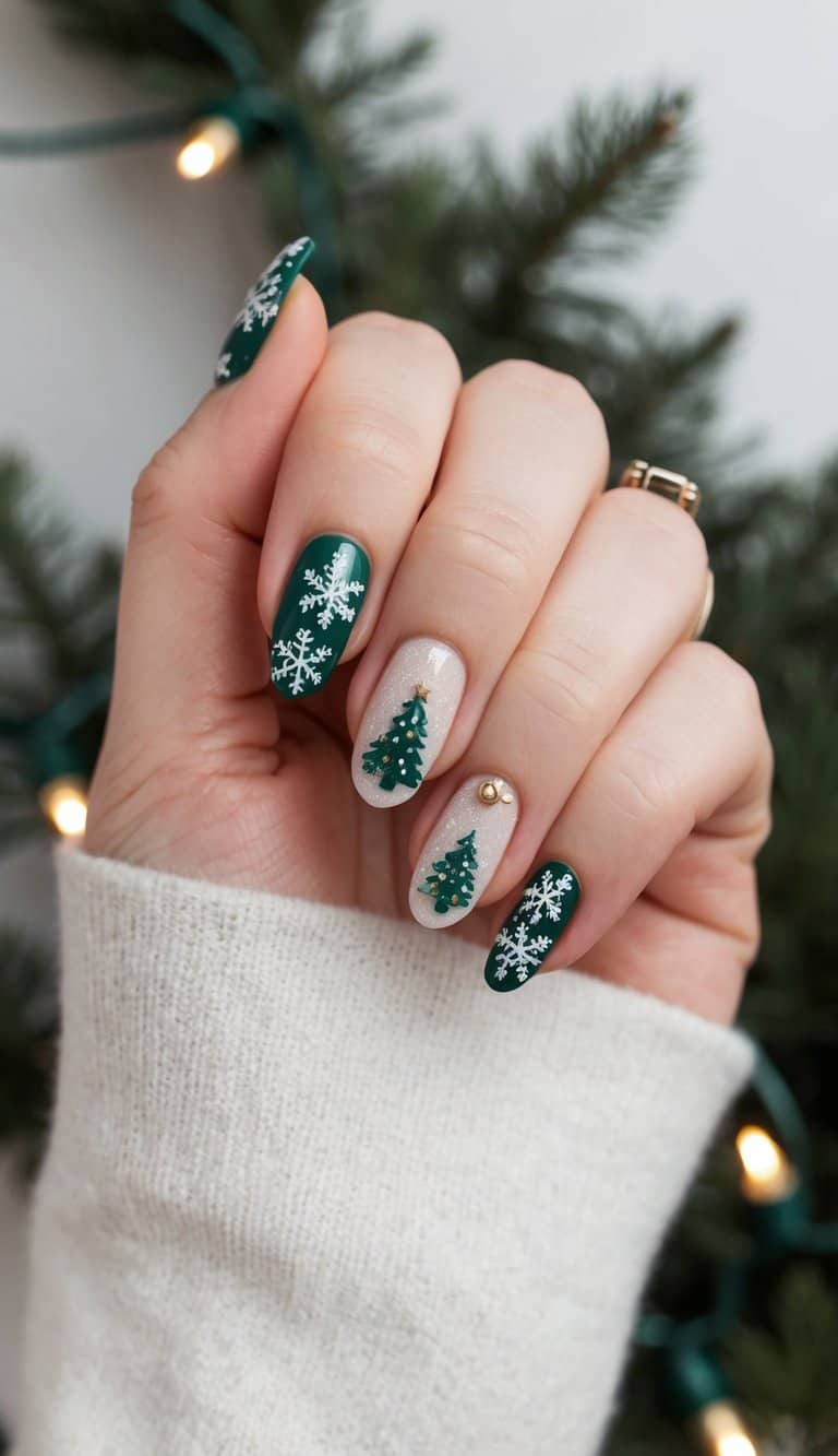 A festive December manicure featuring dark green nails with snowflakes, glittery nude nails with Christmas tree details, and gold accents for a chic holiday aesthetic.