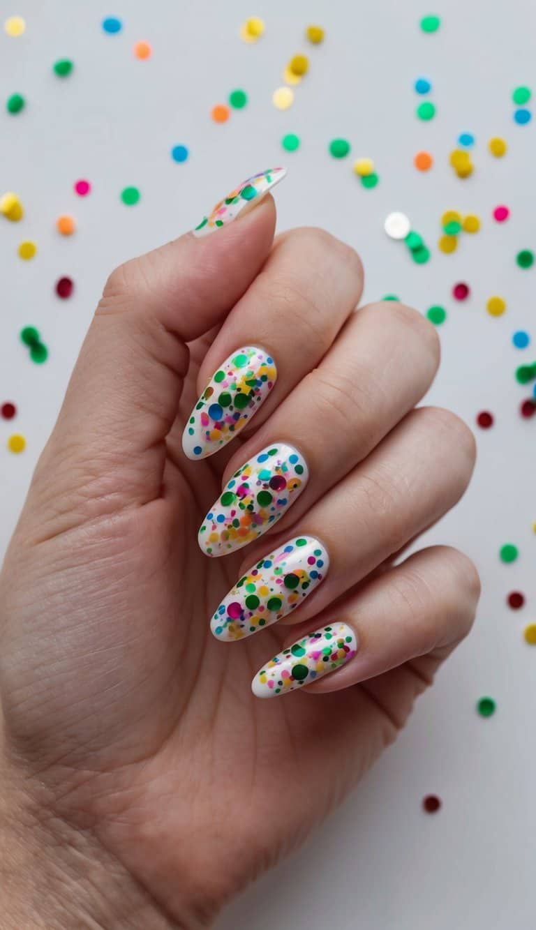 A fun December nail design with a white base and vibrant confetti dots in red, green, blue, and yellow, creating a cheerful holiday look.