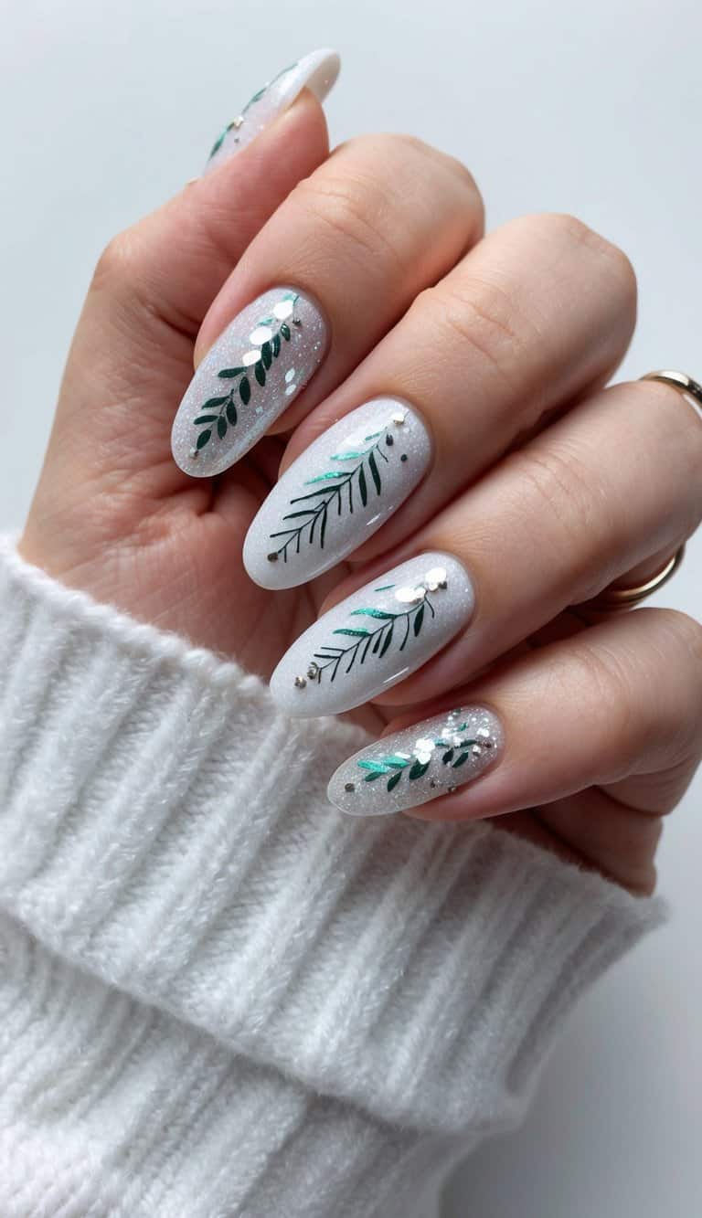 A festive December nail art featuring white shimmer polish, delicate pine branch details, and silver embellishments for a frosted, winter-inspired look.