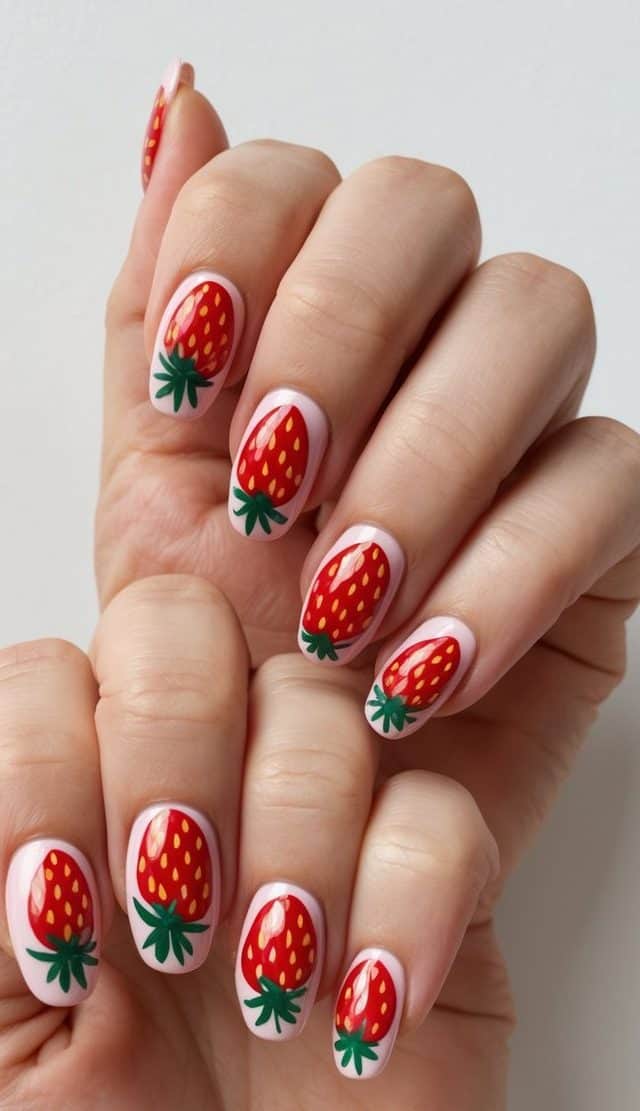A set of strawberry-themed accent nails, with a simple yet stylish nail art design