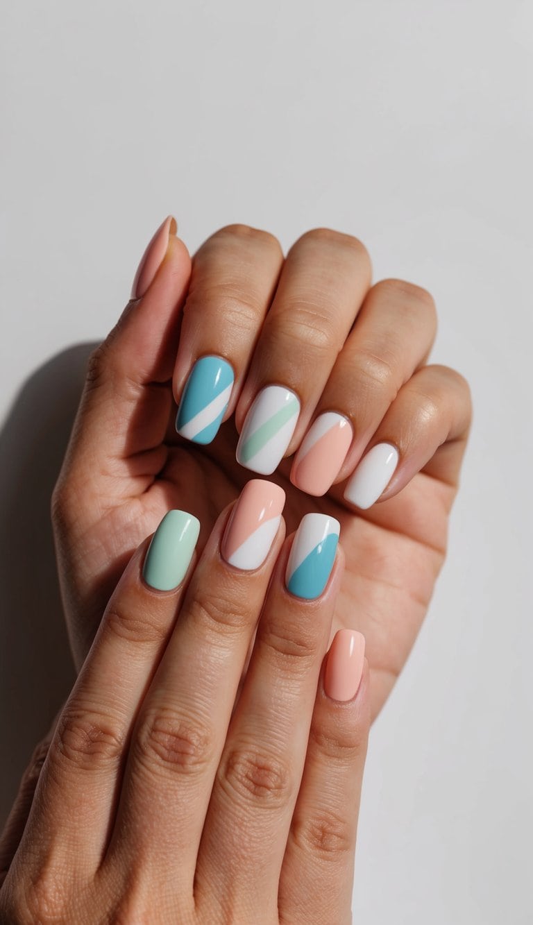 A collection of mismatched color blocks arranged in a cute and simple nail art design