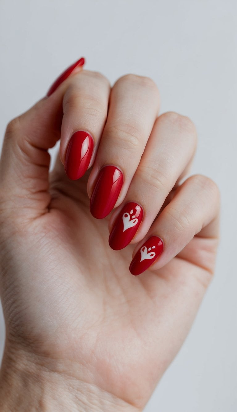 A dainty red short nail with a cute simple design