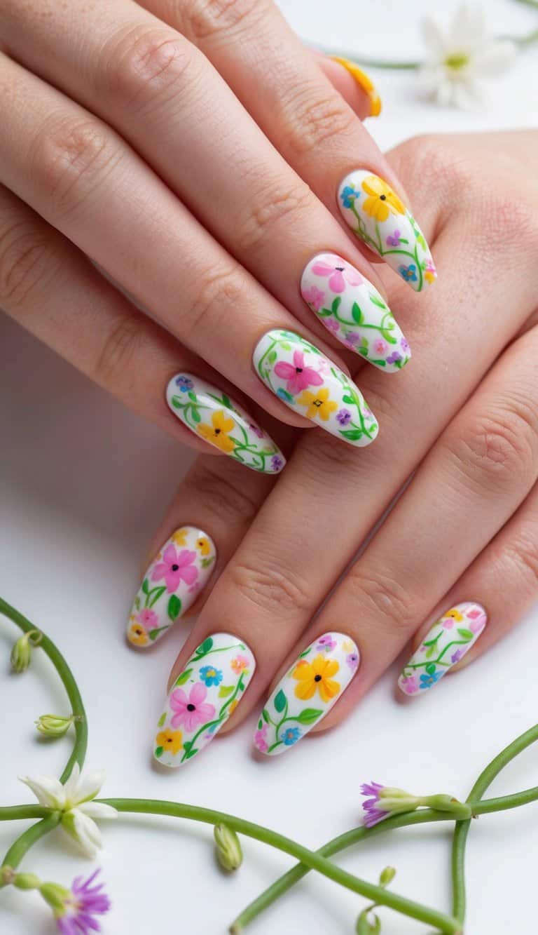 A colorful array of spring flowers and vines intertwine on a clean white background, creating a cute and stylish floral nail art design