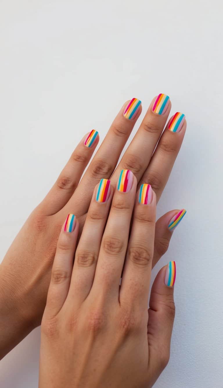 A set of colorful nails with rainbow stripe accents on a clean, minimalist background