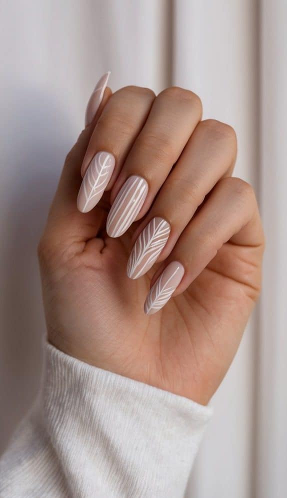 A collection of 50 delicate line art nail designs displayed on a stylish backdrop