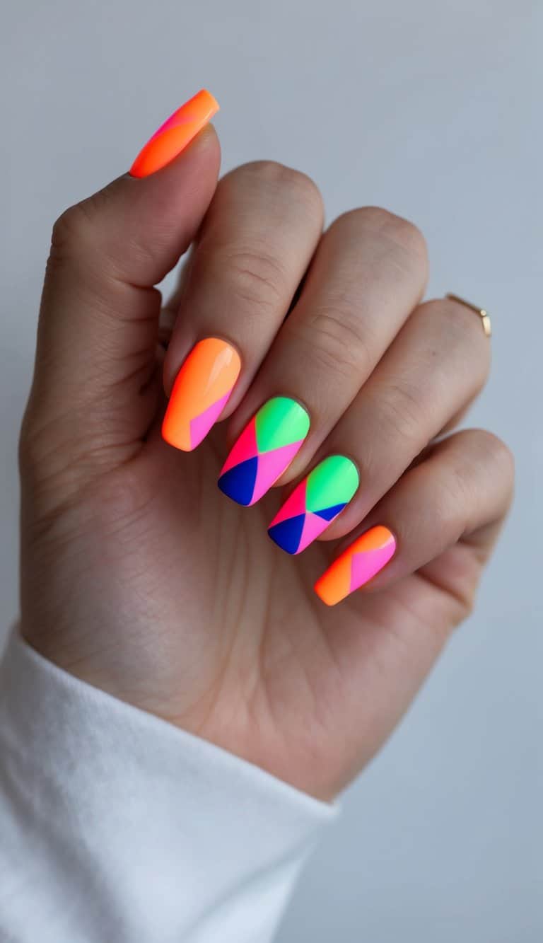 A colorful array of bold neon triangles in a simple, stylish nail art design