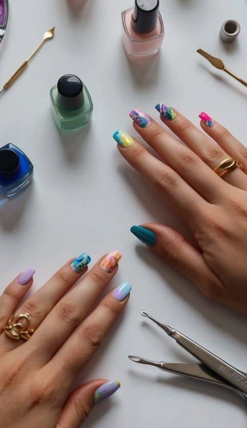 A table with various nail polish bottles and tools, surrounded by colorful nail art designs on display