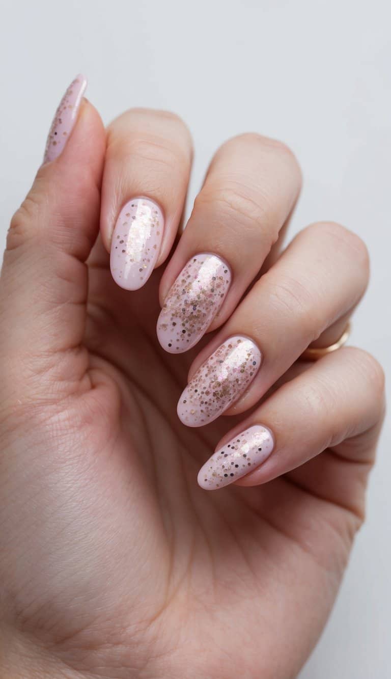Soft pink glitter sprinkled over a minimalist nail design, with a clean and stylish aesthetic