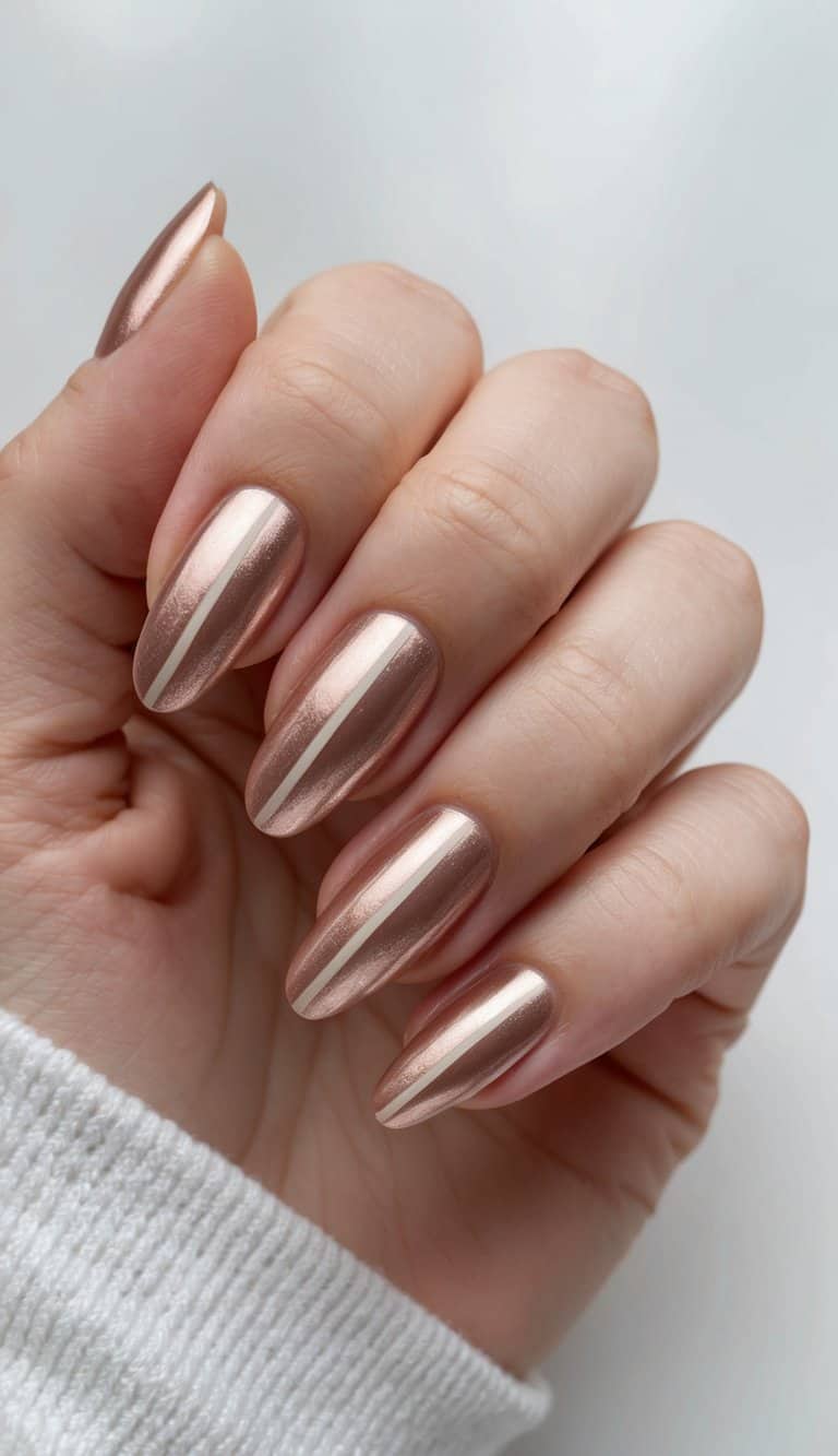 A close-up of rose gold metallic stripes on a neutral-colored nail, with a minimalist and elegant design