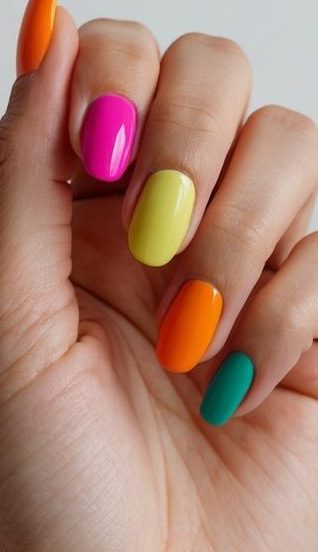 A colorful nail art design with bold blocks of bright colors on a clean and simple background
