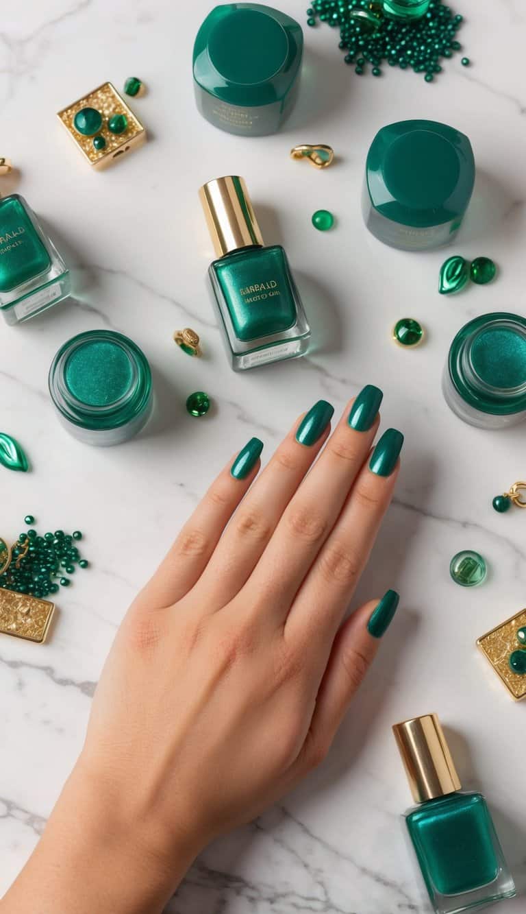 Emerald green nail polish bottles arranged on a marble table with various green and gold accessories scattered around