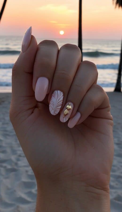 A warm sunset over a serene beach with palm trees, waves, and seagulls