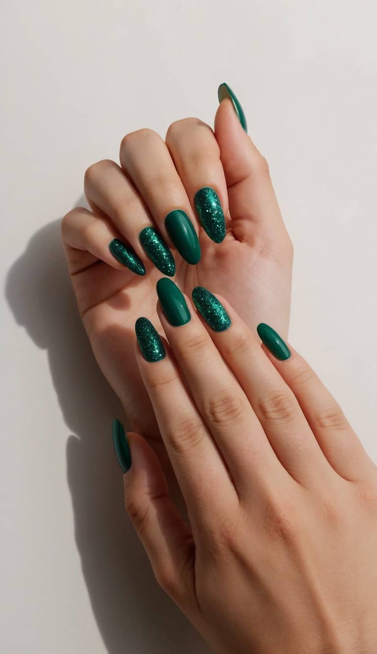 Emerald green nails with glittery accents on a clean, neutral background