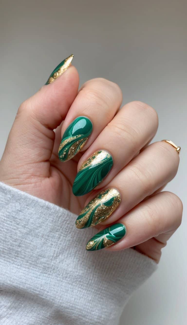 Emerald and gold marbling on a nail, with intricate swirls and shimmering details