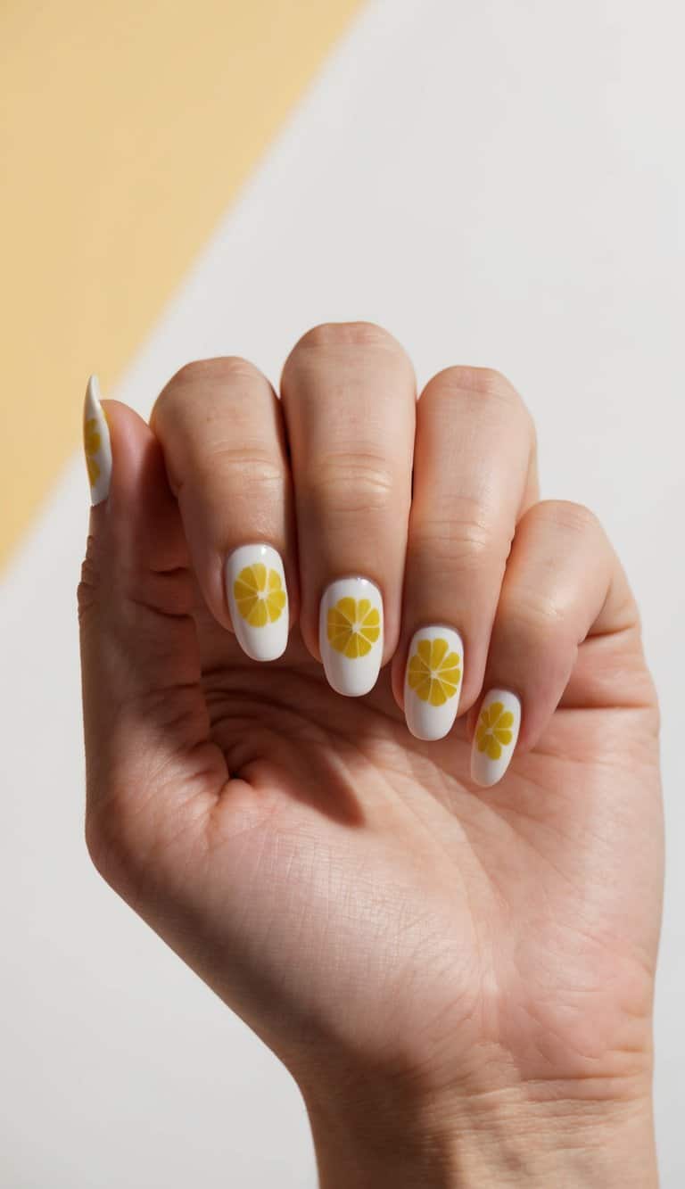 A close-up of a manicured hand with tiny citrus accents on the nails, against a simple, stylish background