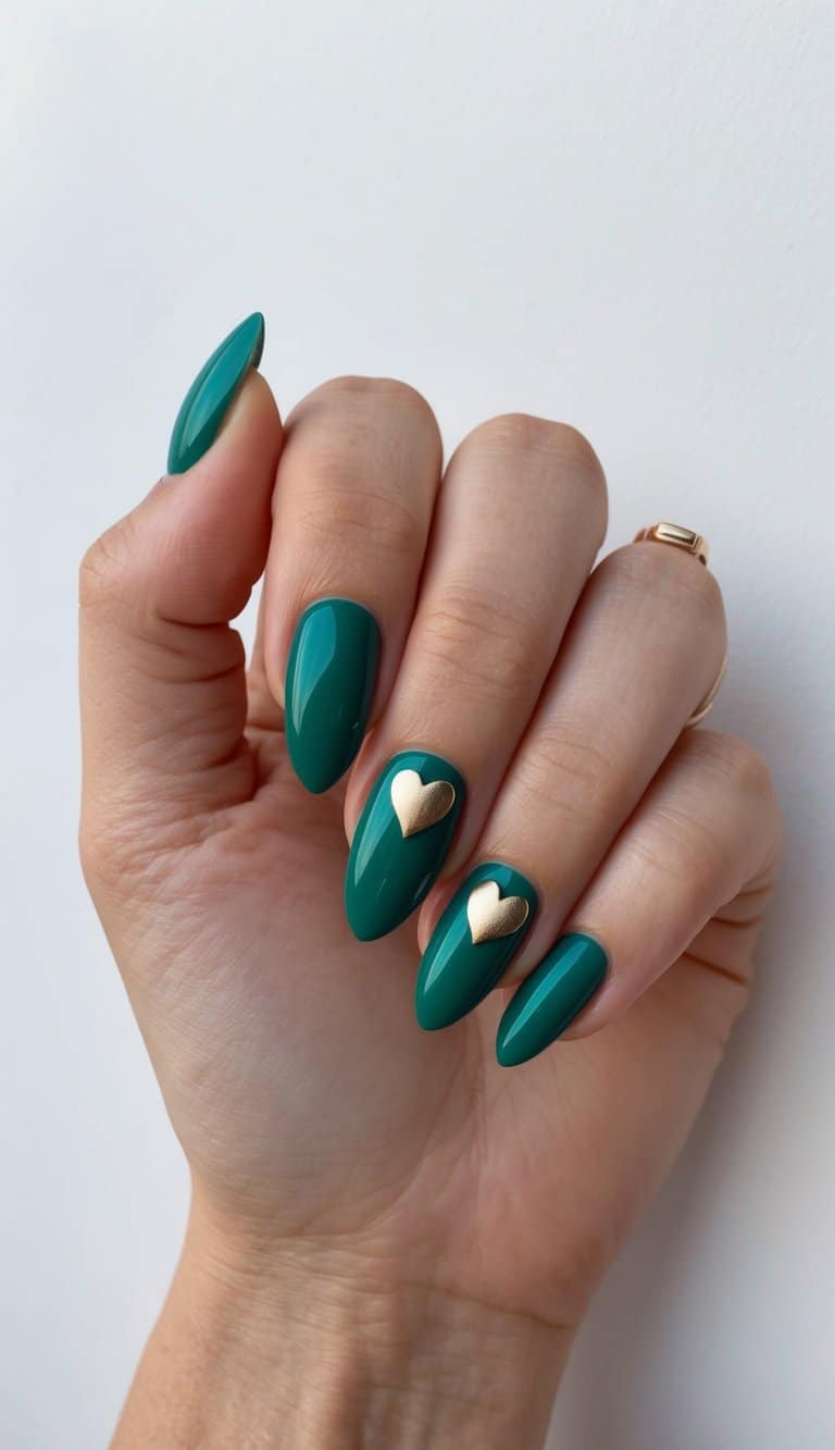 Emerald green nails with heart details on a clean, white background