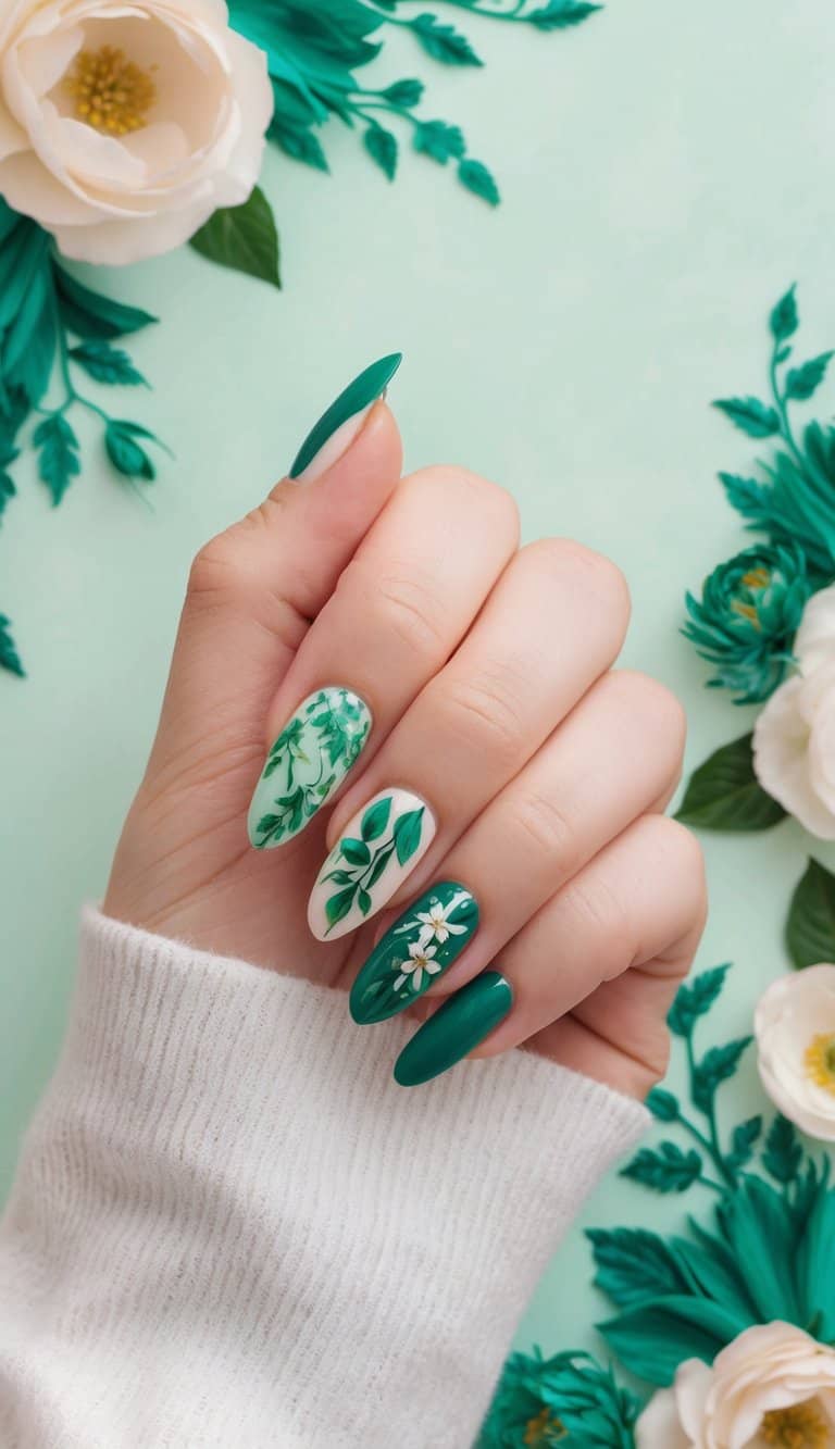 A pastel emerald background adorned with intricate floral art, showcasing 50 unique emerald green nail art designs