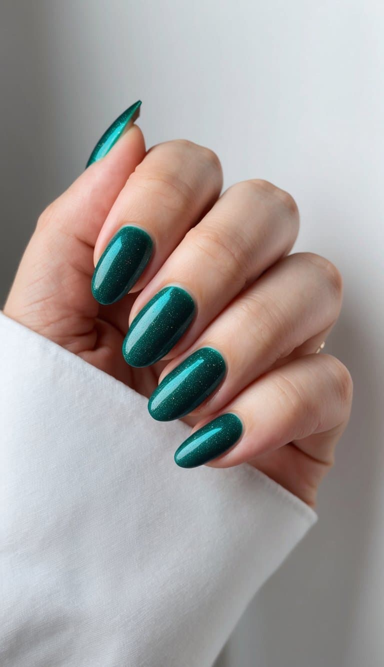 A sparkling emerald green French manicure on a clean, elegant nail