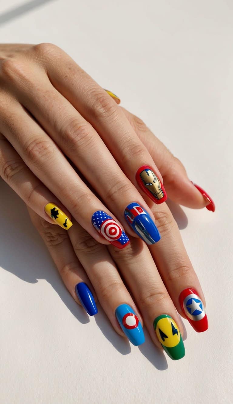 A colorful array of mismatched Marvel-themed nail designs displayed on a clean, neutral background