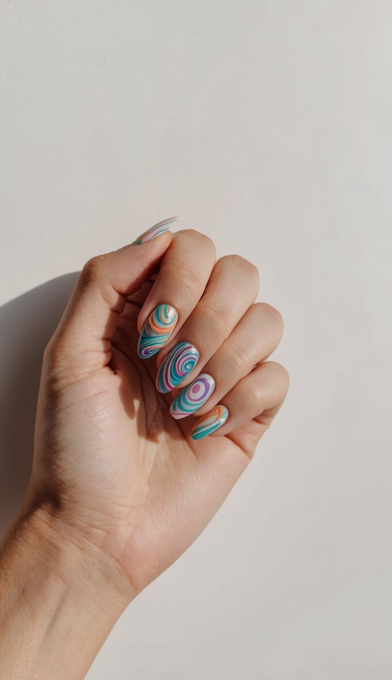 A colorful array of swirling and twirling nail designs on a clean, neutral background
