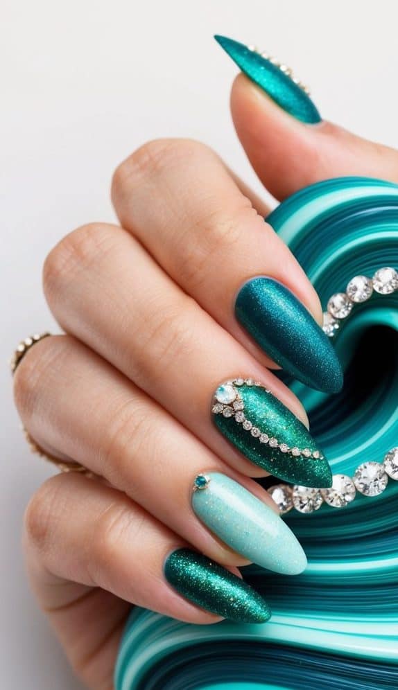 A swirling wave of emerald and turquoise, accented with sparkling gems