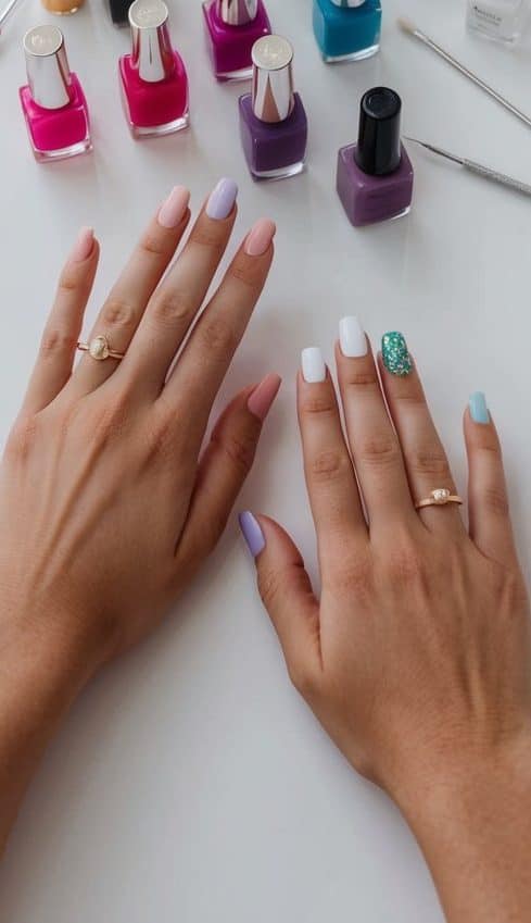 A colorful array of nail polish bottles and various nail art tools arranged on a clean, white surface