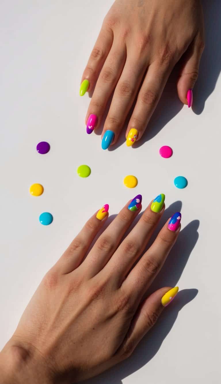 A colorful array of simple nail decals arranged on a clean, white surface