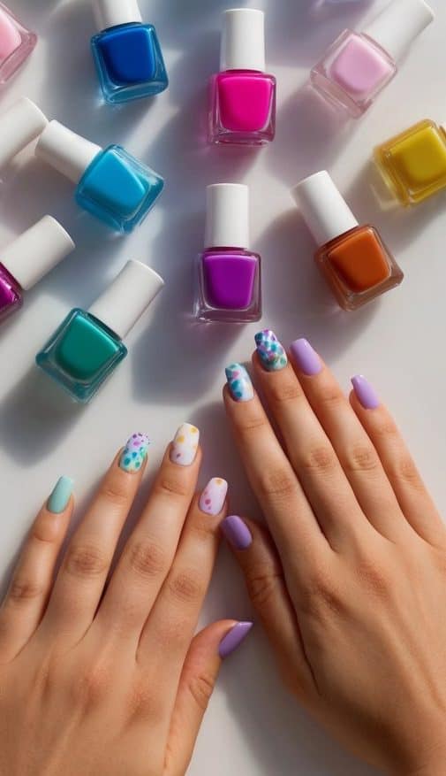 A colorful array of nail polish bottles and toothpicks arranged on a clean, well-lit surface for creating easy nail art designs