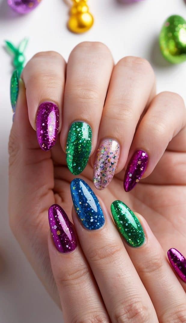 Vibrant nails in jewel tones adorned with glitter, surrounded by Easter-themed decorations and symbols, evoking the feeling of spring