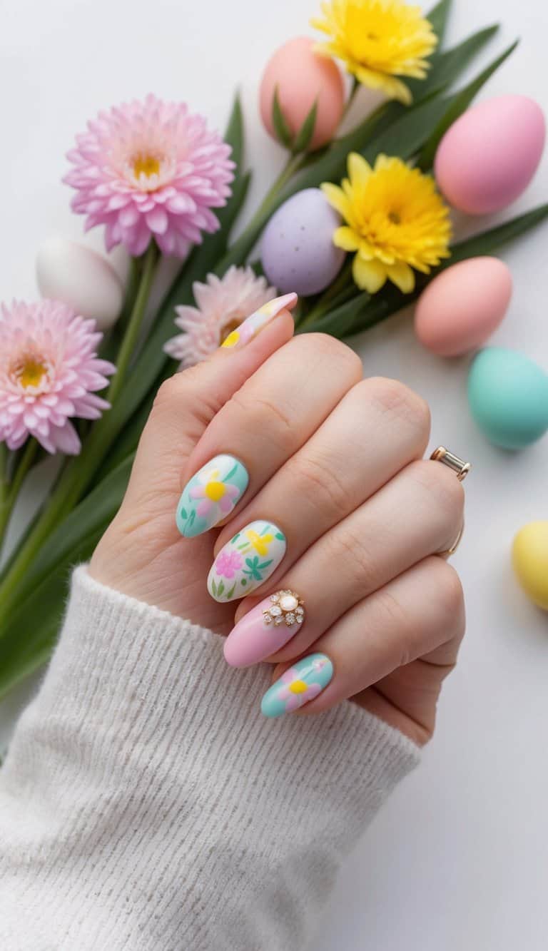 A colorful Easter egg hunt with blooming flowers and pastel-colored decorations