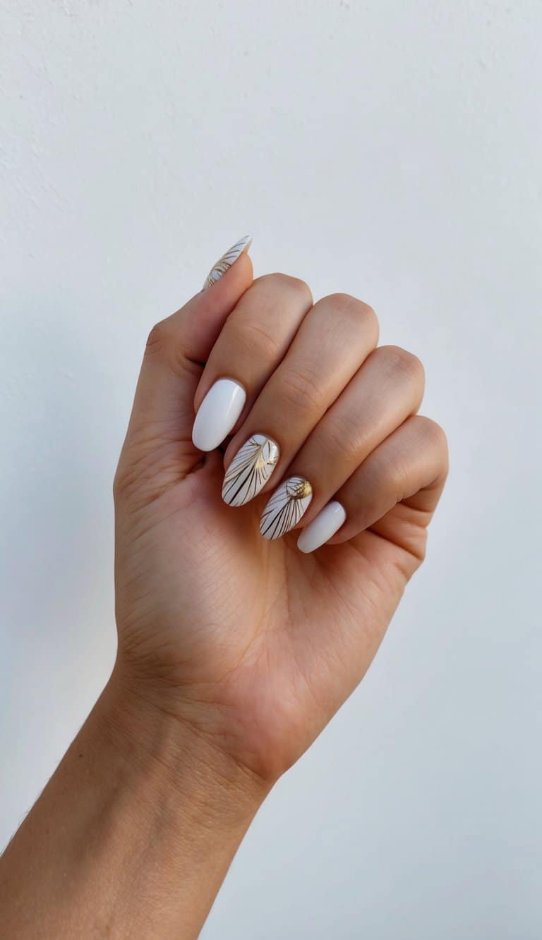 A hand with painted nails against a simple background, emphasizing negative space design