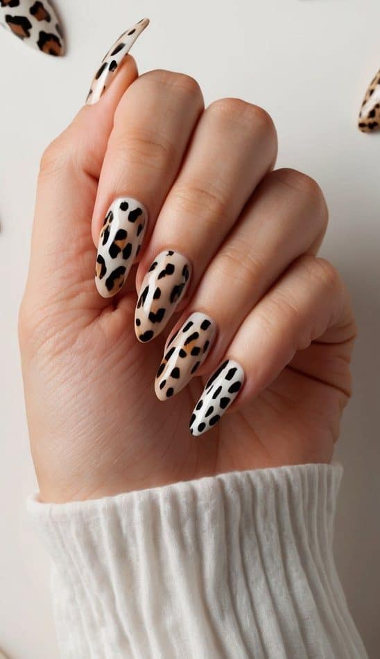 A collection of animal print nail art designs displayed on a clean, neutral background with various colors and patterns