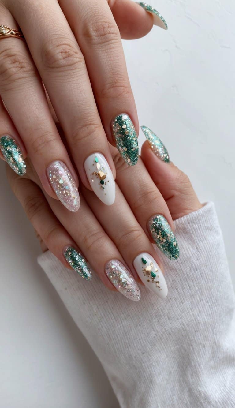 A festive nail art scene with glitter, sparkles, and stylish designs