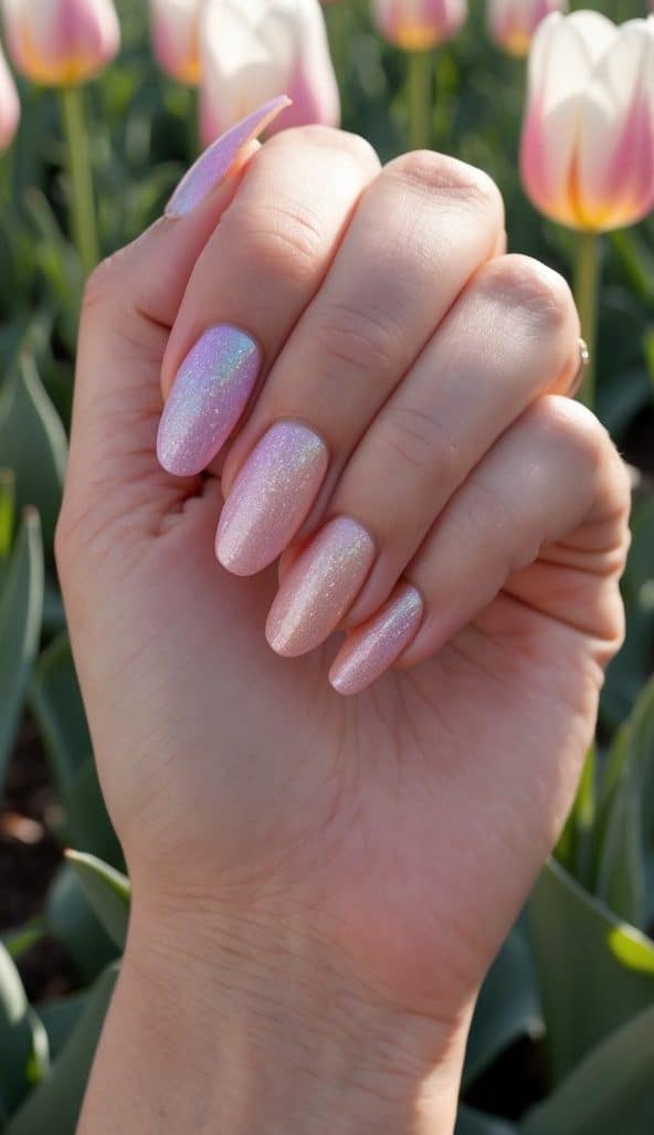 A field of glittering tulips in pastel colors under a bright spring sun