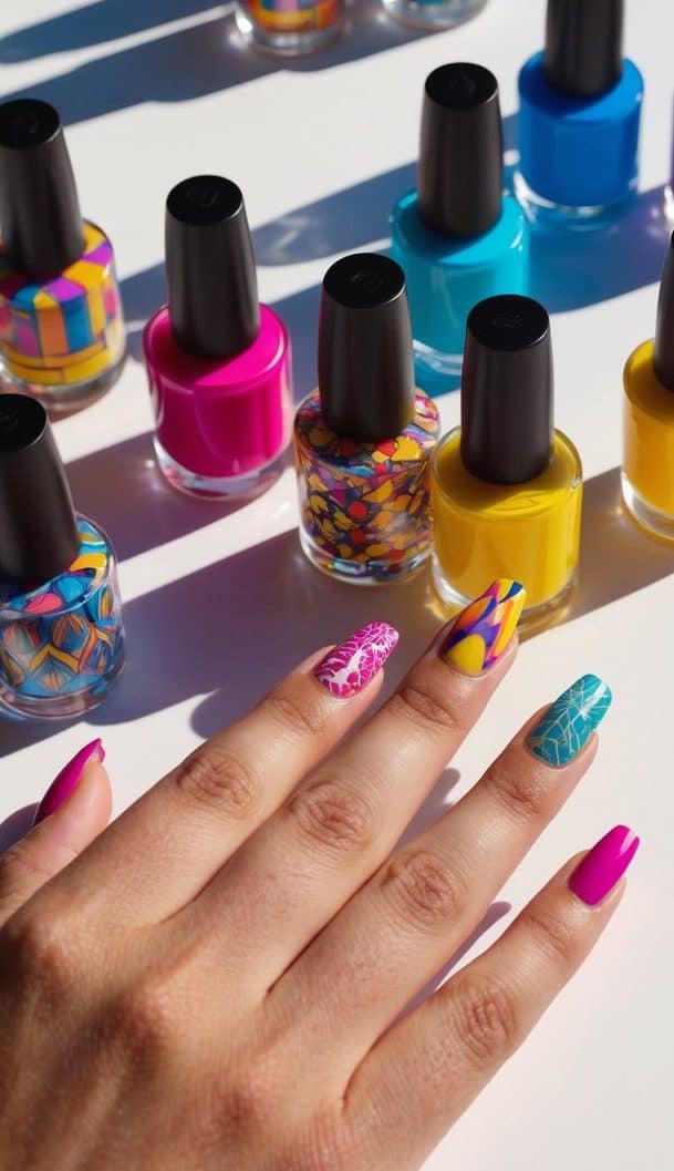Vibrant nail polish bottles arranged on a sunlit table with colorful patterns and designs displayed on a white background