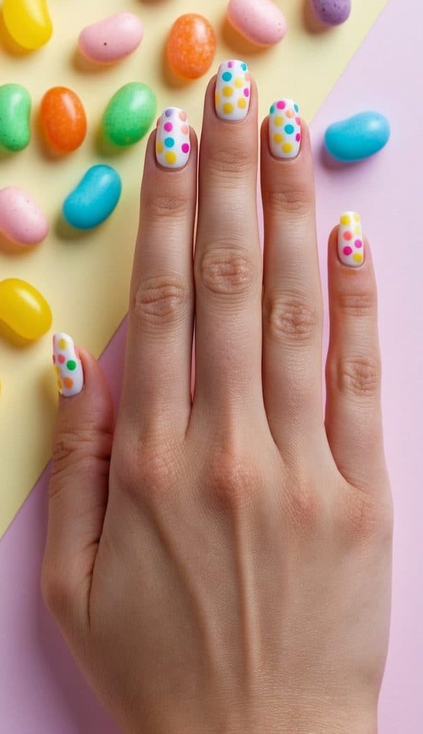 A colorful array of dotted jelly beans against a pastel background, evoking a sense of spring and Easter