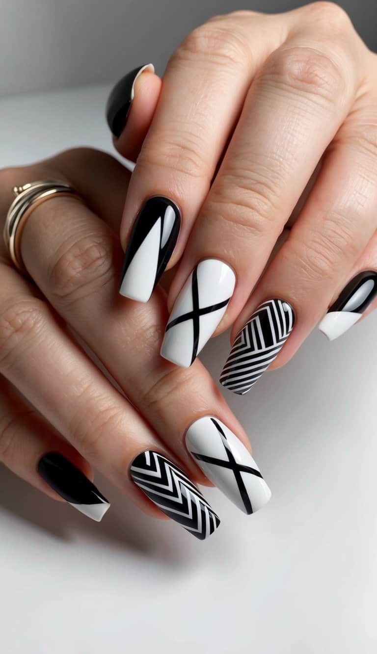 A sleek black and white nail art design featuring simple geometric shapes and patterns