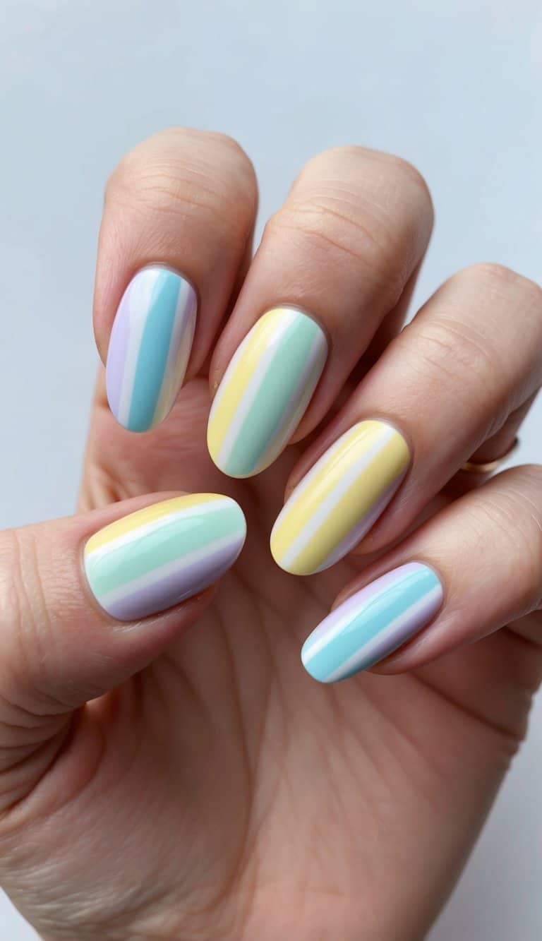 A close-up of pastel-colored angled stripes on nails, evoking a springtime Easter theme