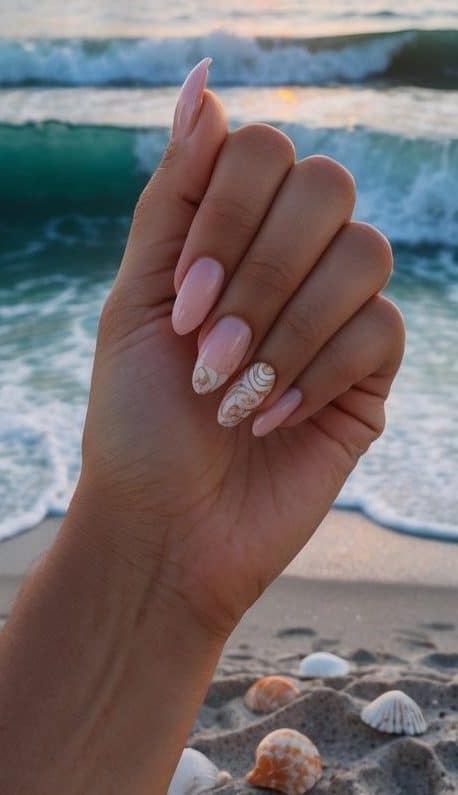 A serene beach scene with waves crashing against the shore, seashells scattered in the sand, and a colorful sunset reflecting off the water