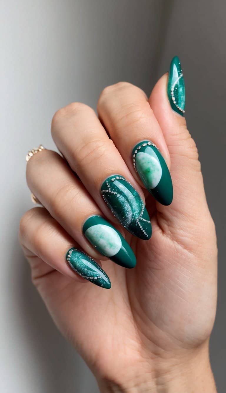 A close-up of emerald green nails in various phases of the moon, with intricate designs and shimmering accents