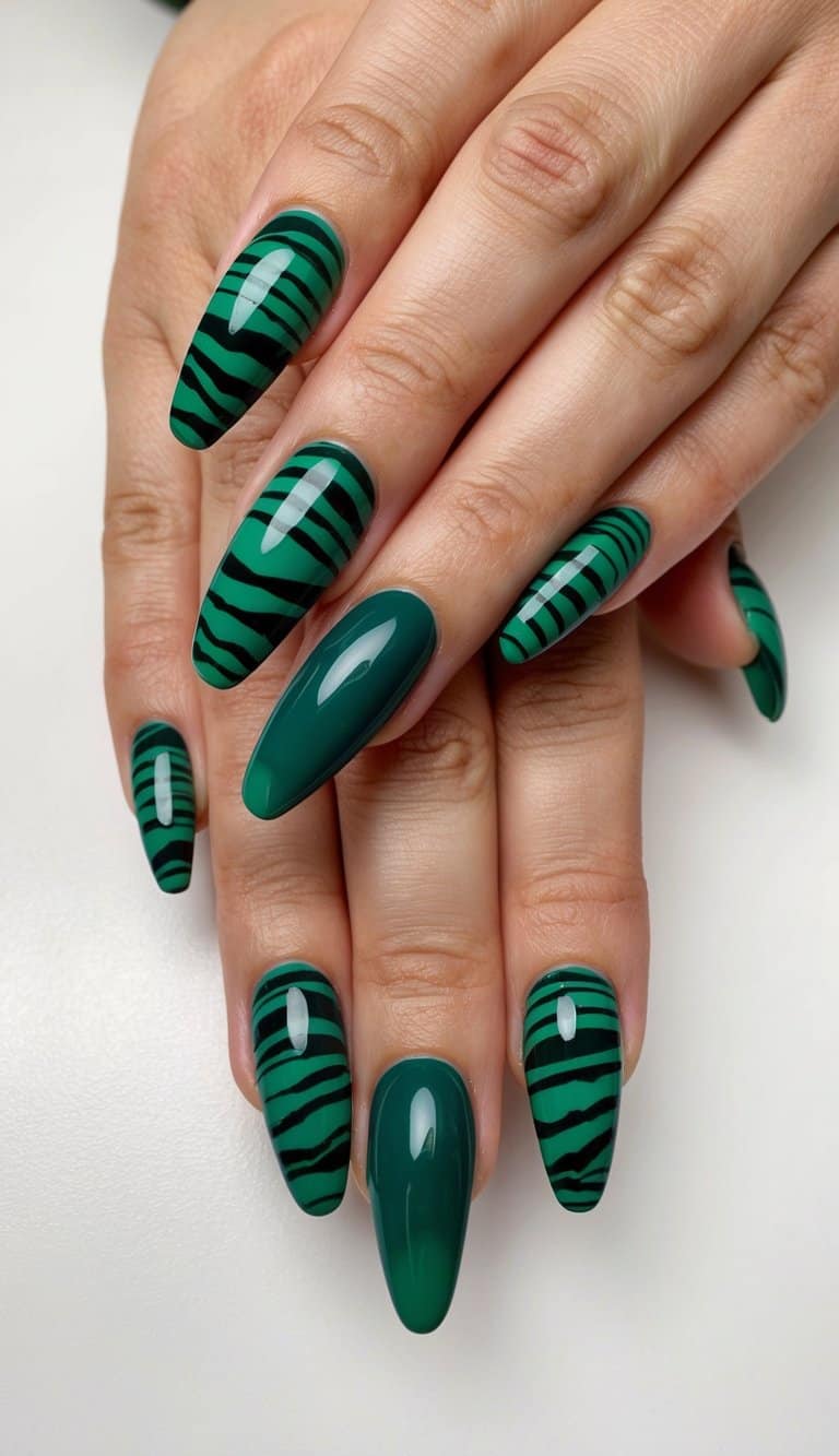 Emerald green nails with tiger stripes, elegant and bold