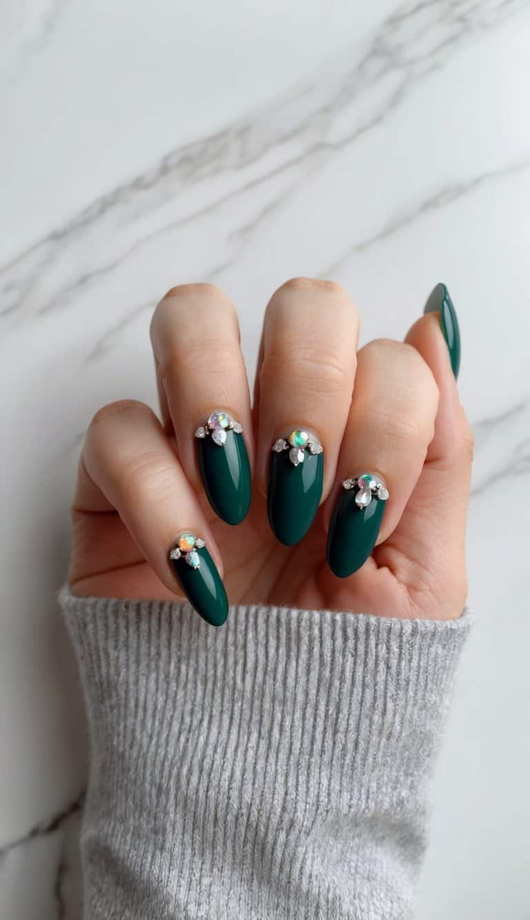 Emerald green nails with rhinestones on a classic background