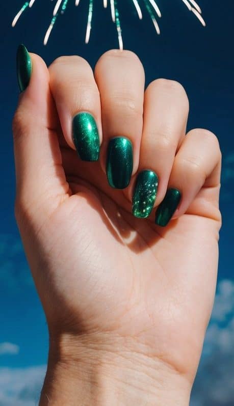Vibrant emerald green fireworks bursting across a dark sky, inspiring nail art ideas