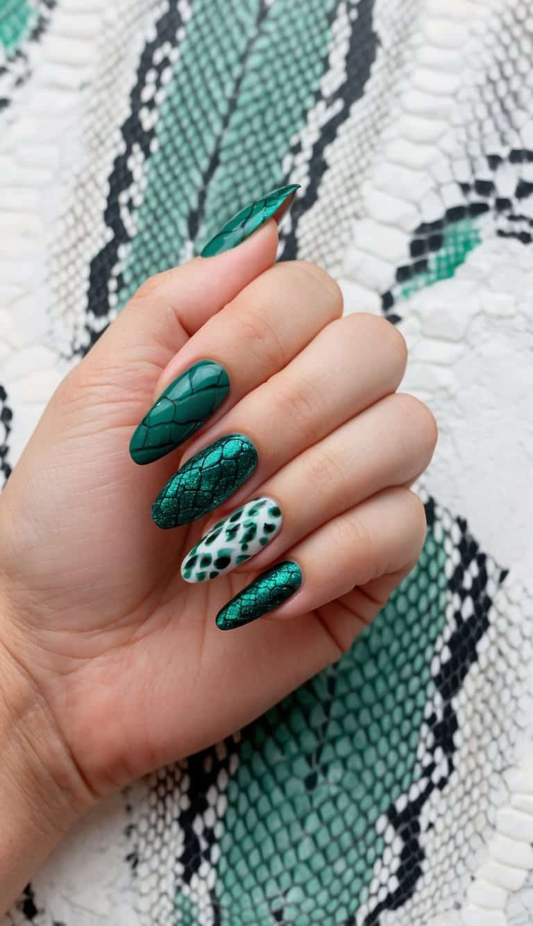 A close-up of emerald green nail art designs on a snake skin pattern background