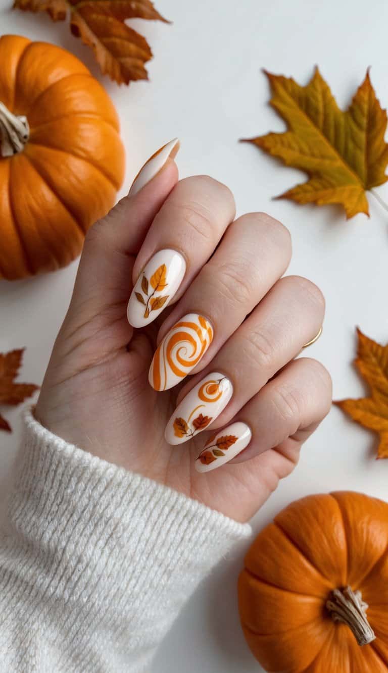 A cozy fall scene with pumpkin spice swirls, leaves, and warm colors for nail art inspiration
