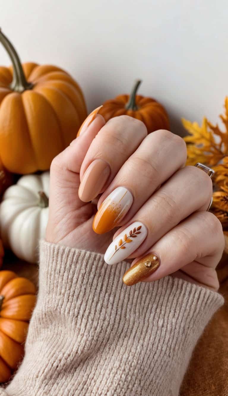A fall nail design featuring nude, orange, and gold tones, with a soft leaf accent and subtle gradient, creating an elegant autumn-inspired manicure.