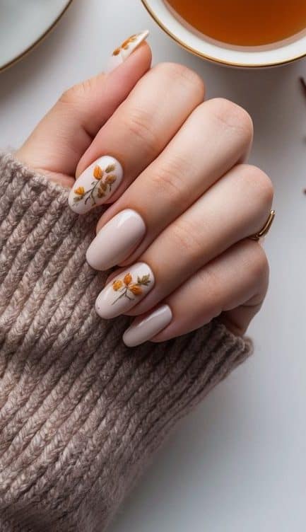 A fall-inspired manicure with soft beige nails featuring delicate orange flowers and fine green leaves, bringing an elegant and feminine touch to the season.