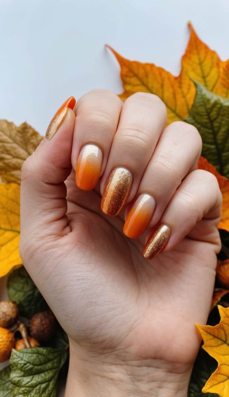 A close-up of nails with a gradient of orange and gold, surrounded by fall foliage and seasonal elements